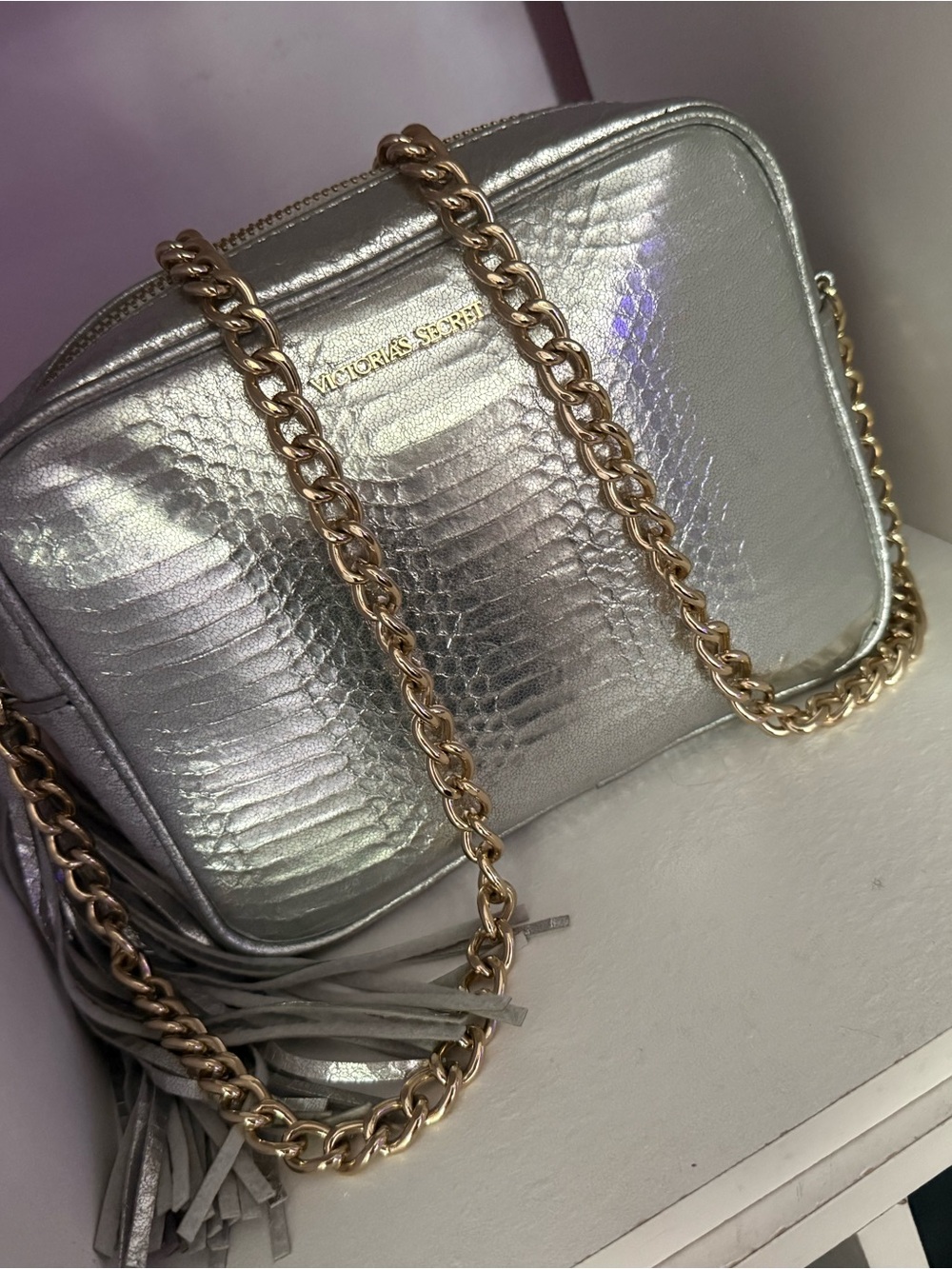 Victoria's Secret Metallic Silver Snake-Embossed Crossbody with Gold Chain
